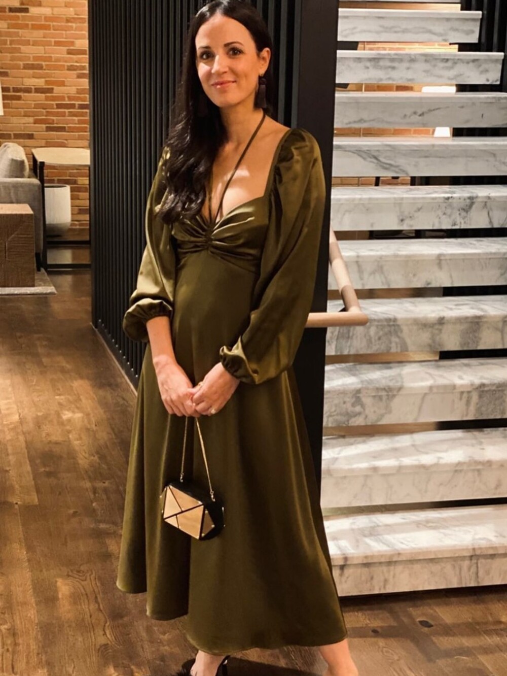 Antonio Melani Bella square neck long blouson olive green dress